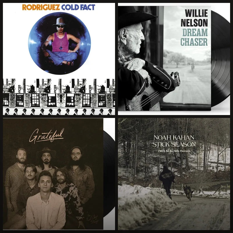 Country and folk vinyl records – Rodriguez, Willie Nelson, The Red Clay Strays, Noah Kahan