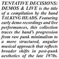 Talking Heads - Tentative Decisions: Demos & Live [3CD] – album cover